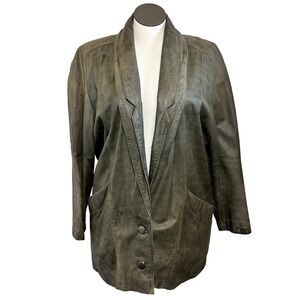 Vintage Distressed Olive Green Leather Oversized Blazer Jacket Shawl Collar
